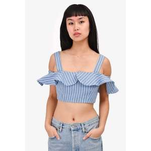 Alexis Blue/White Pinstriped Linen Ruffle Cropped Corset Top Size S